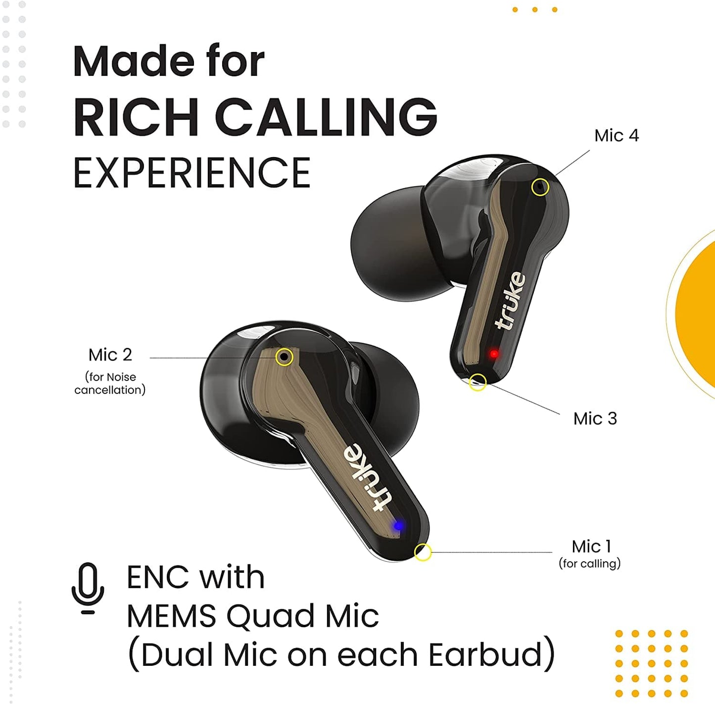 Wireless Earbuds with Environmental Noise Cancellation and Quad MEMS Mic for Clear Call Dedicated Low Latency Gaming Mode