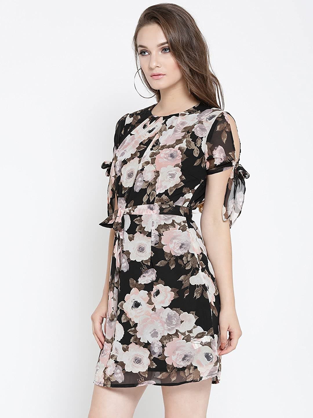 Black Georgette A-Line Half Sleeve Dress