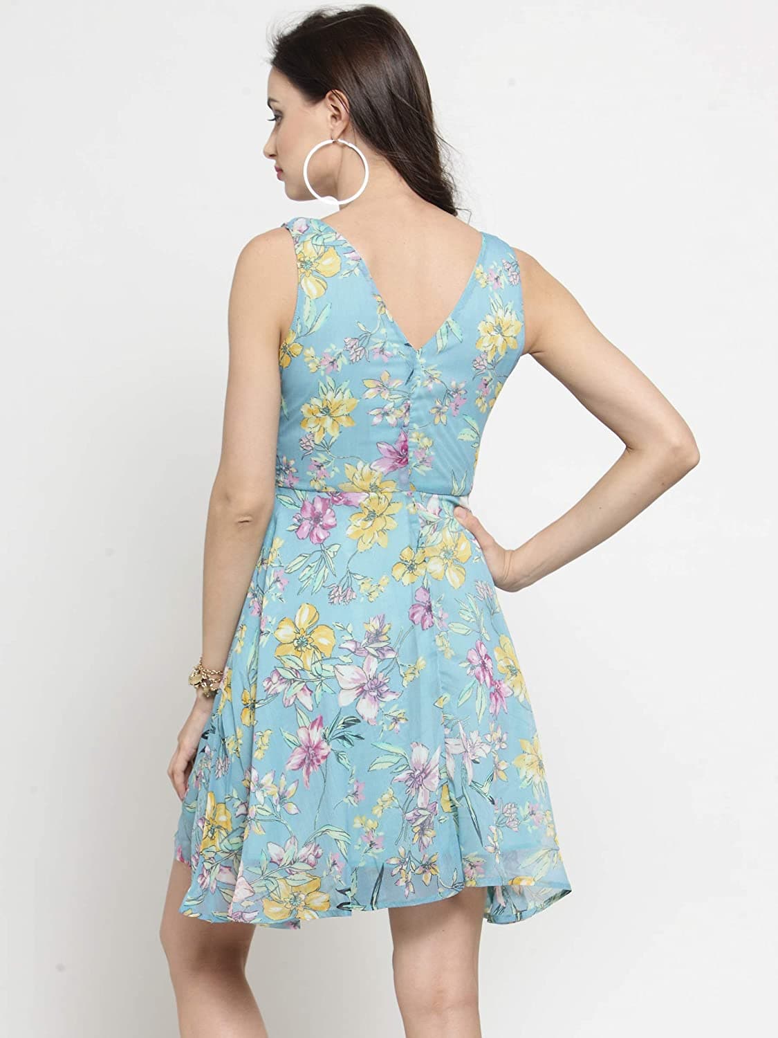 Aqua Blue V-Neck Chiffon A Line Sleeveless Mini Dress
