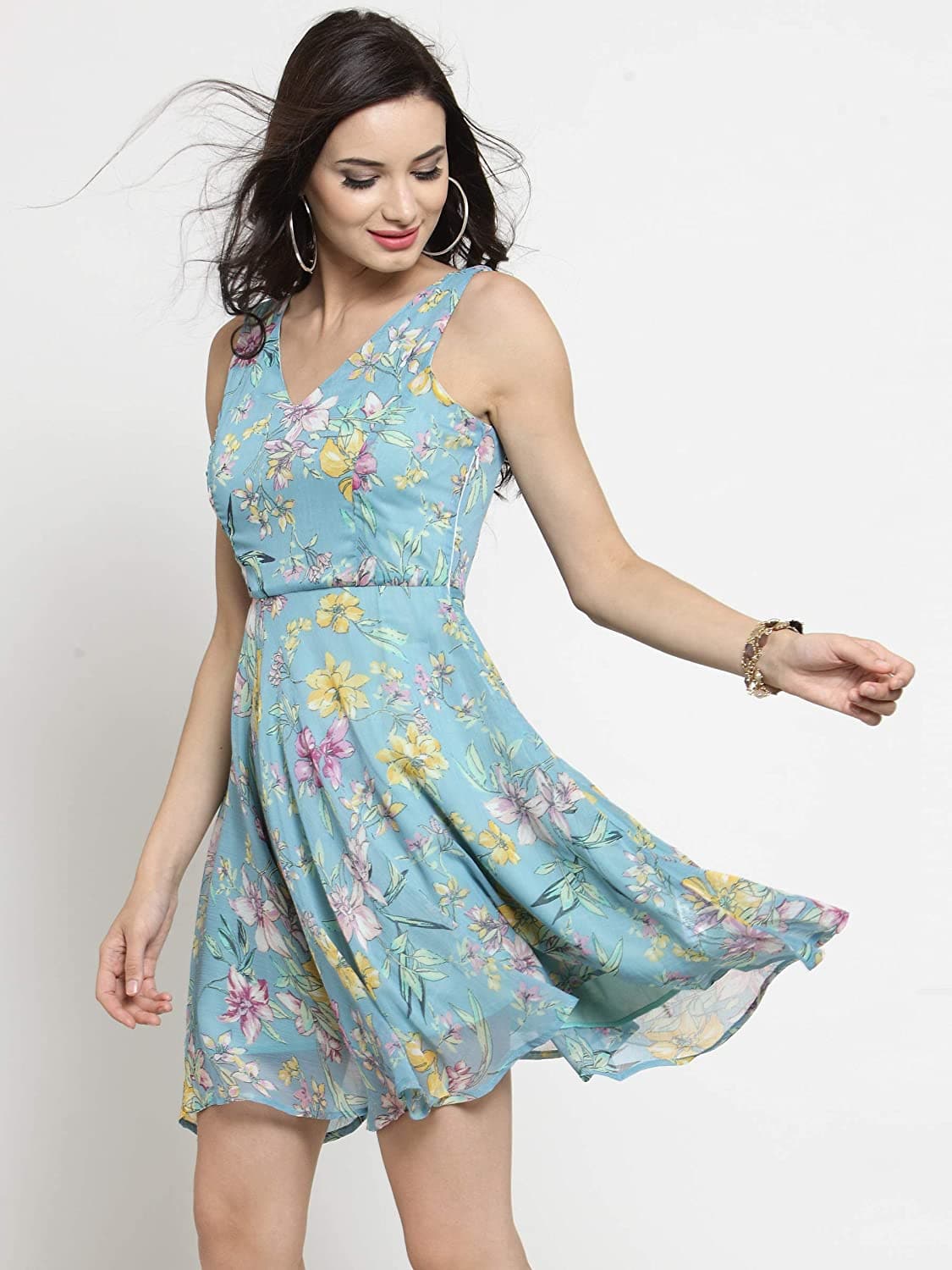 Aqua Blue V-Neck Chiffon A Line Sleeveless Mini Dress