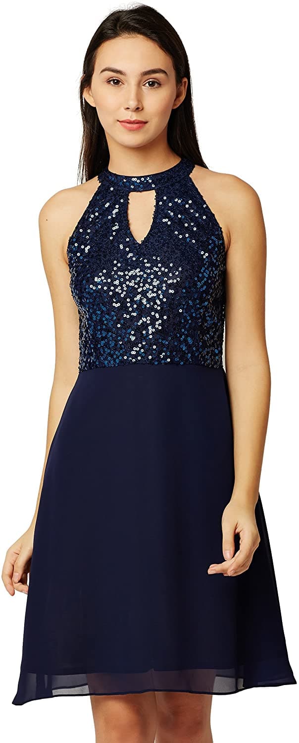 Round Neck Sleeveless Solid Sequin Flowy Knee-Long Georgette Skater Dress