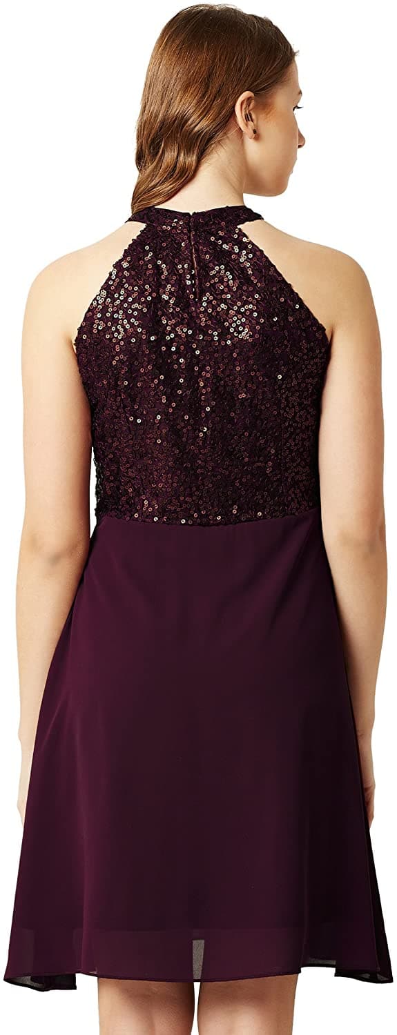Round Neck Sleeveless Solid Sequin Flowy Knee-Long Georgette Skater Dress