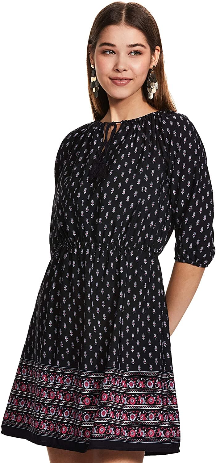 Three Quarter Sleeve A-Line Boat Neck Mini Dress