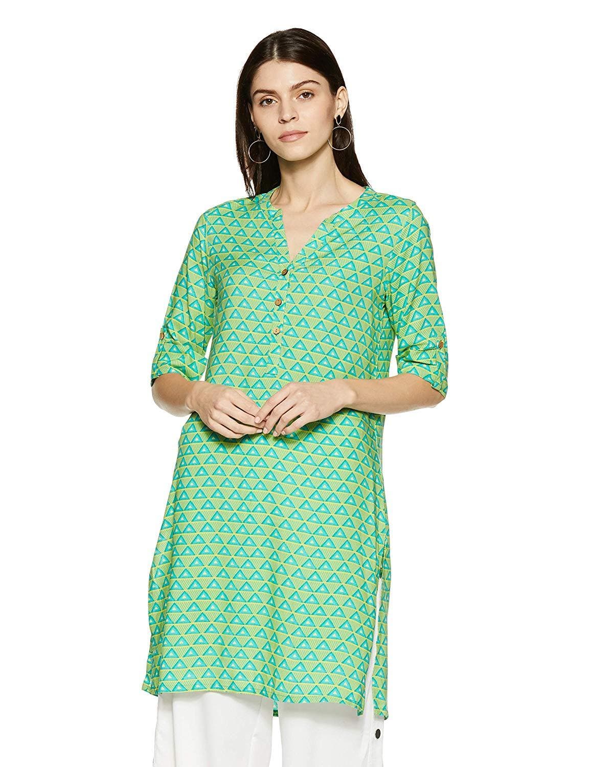 Green Viscose Three Quarter Sleeve Round Neck Tribal Regular Fit Shirt Tunic