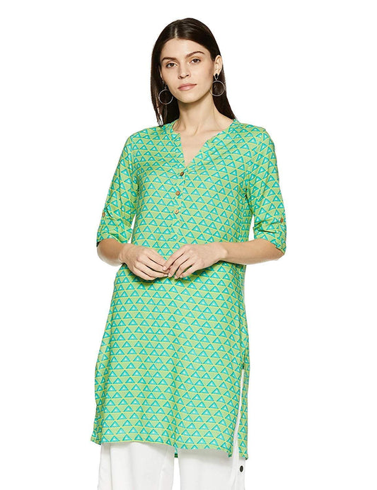 Green Viscose Three Quarter Sleeve Round Neck Tribal Regular Fit Shirt Tunic
