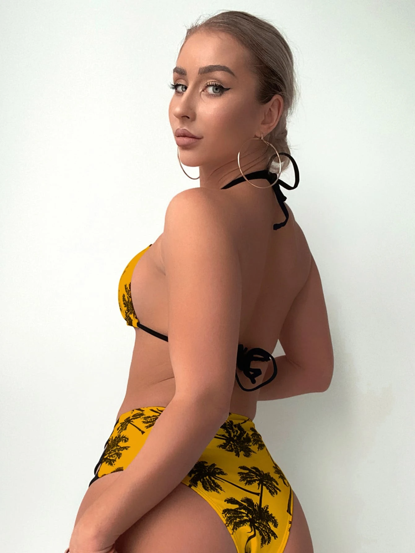 Palm Tree Print Cross High Waist Bikini Swimsuit