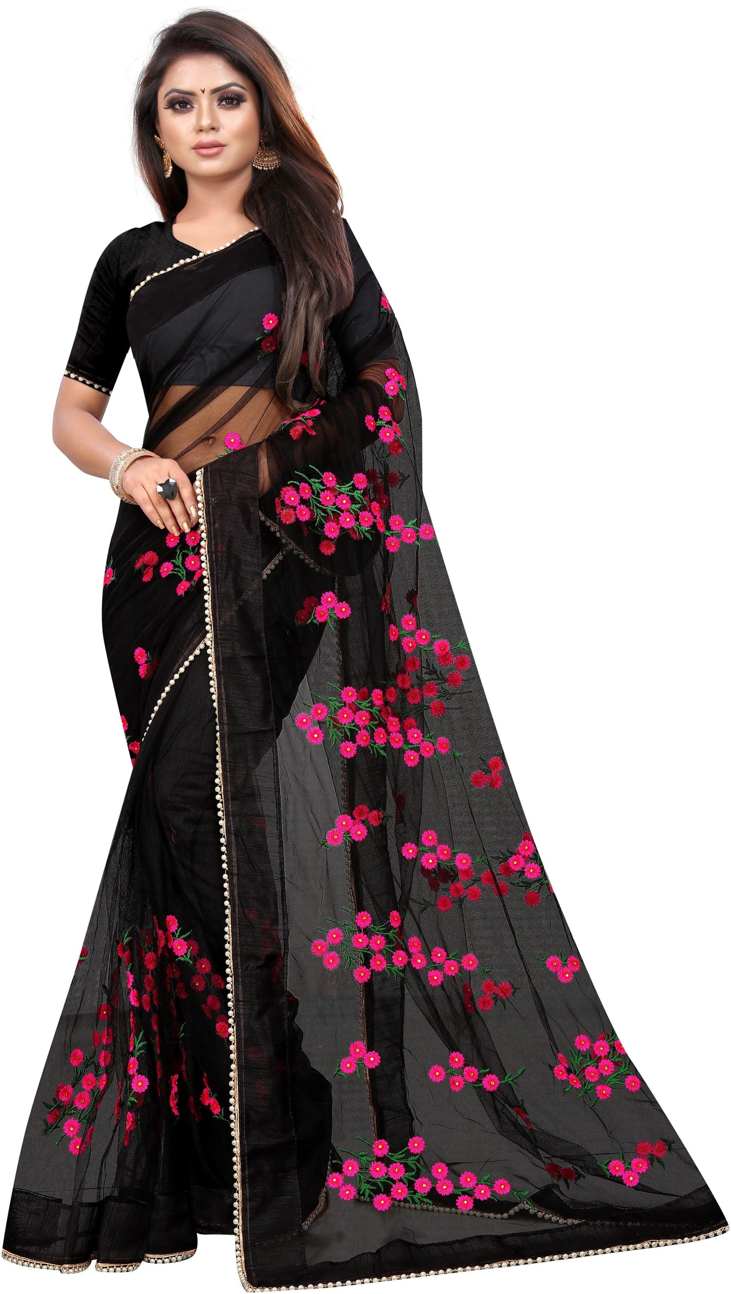 Embroidered Silk Thread Net Saree