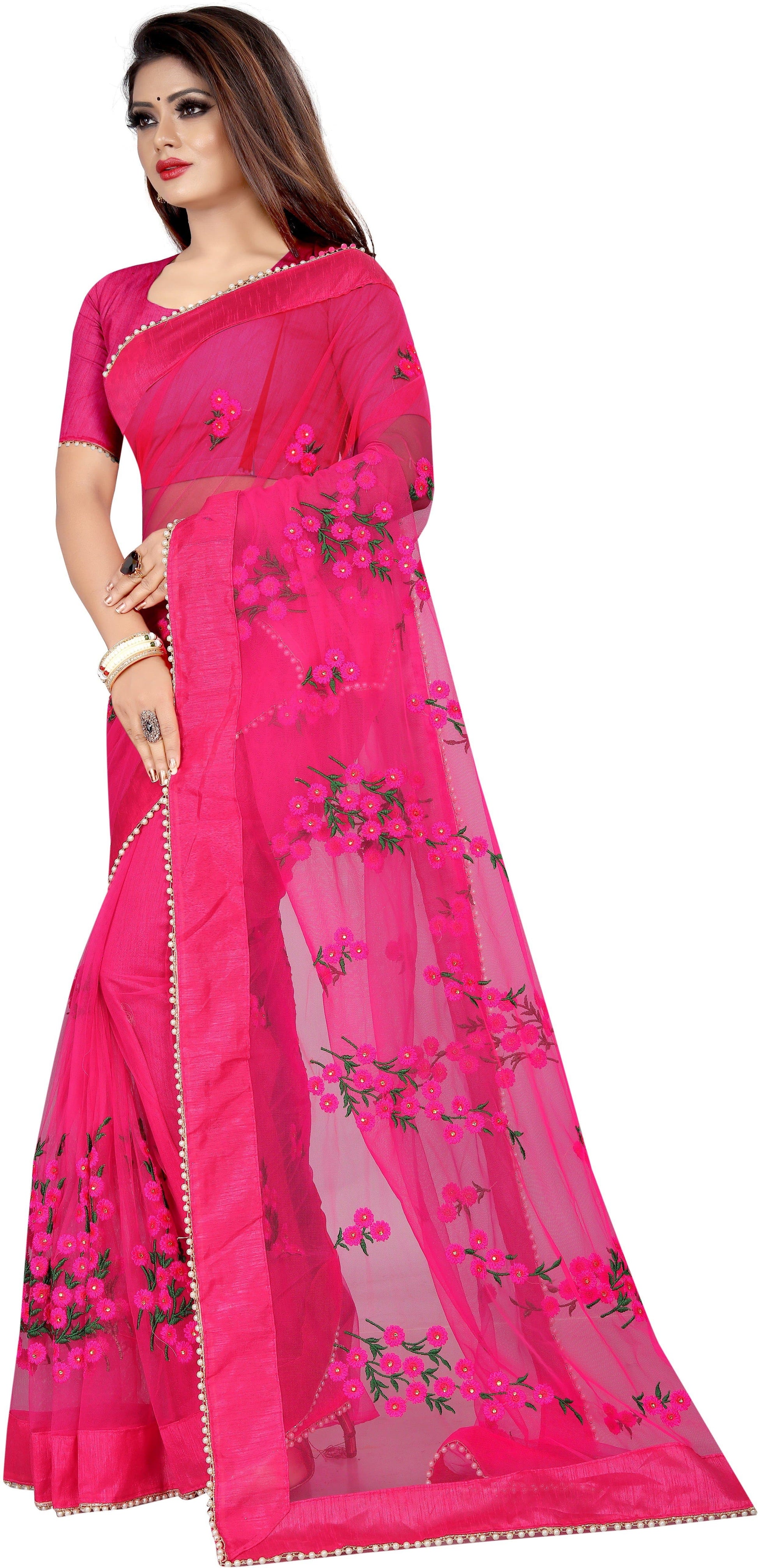 Embroidered Silk Thread Net Saree