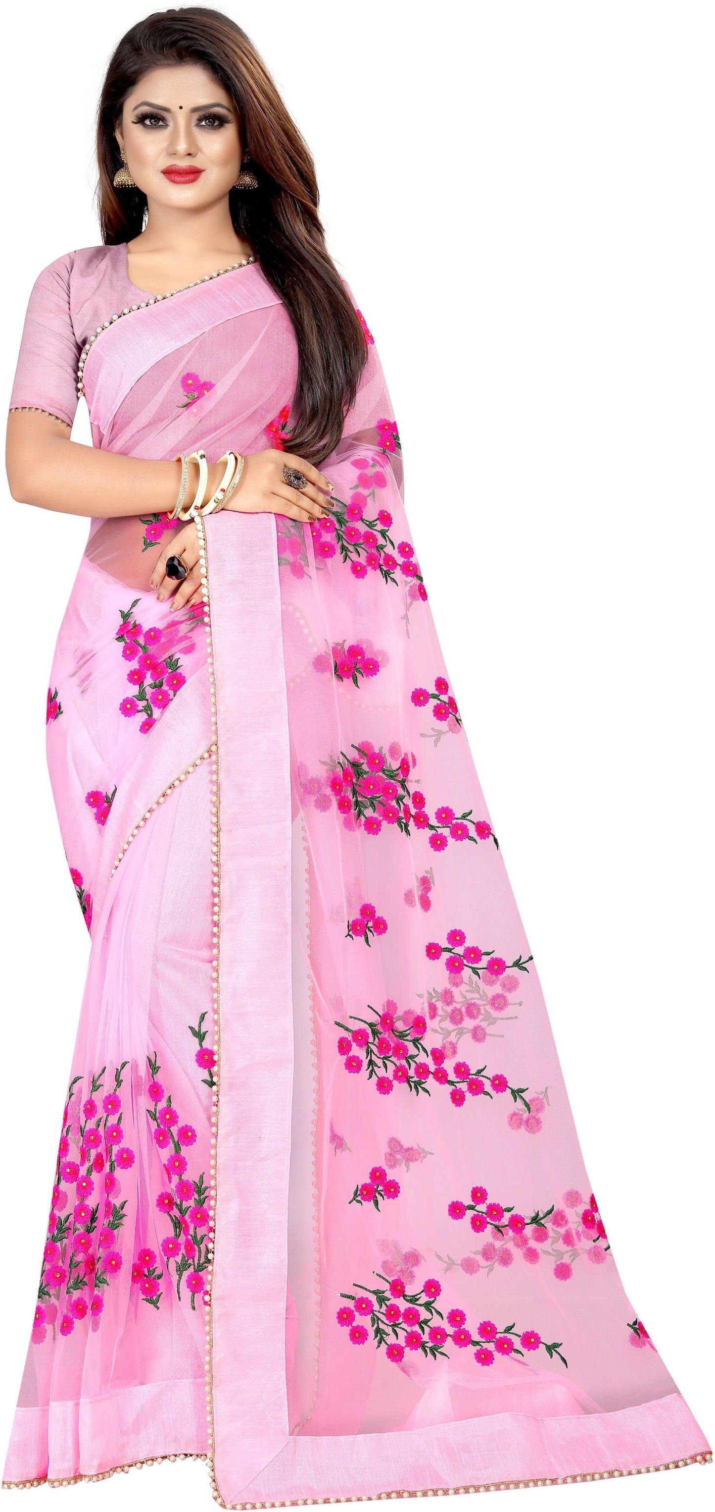 Embroidered Silk Thread Net Saree