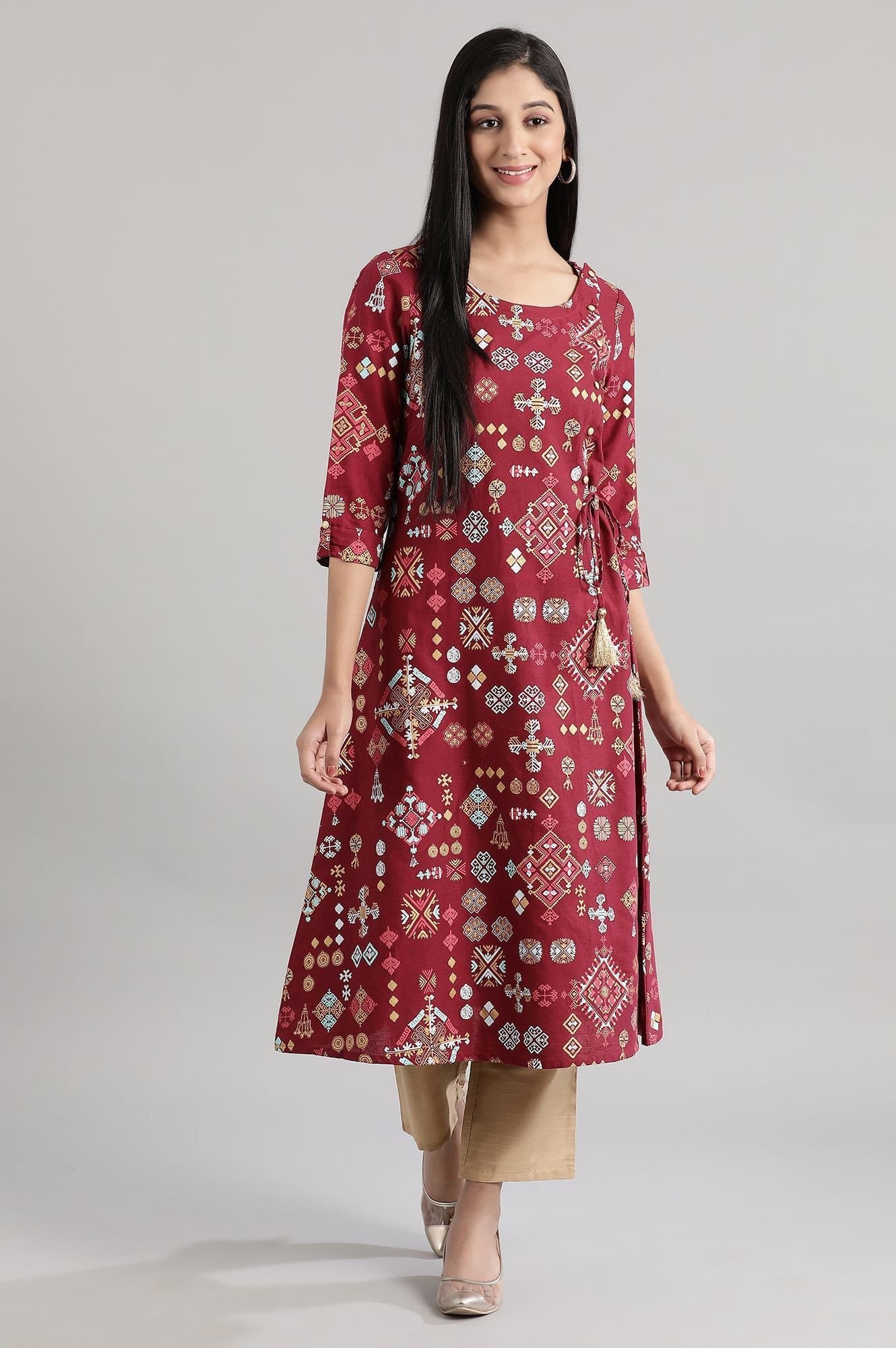 Maroon Round Neck Geometric Print A-line Knee Length Kurta