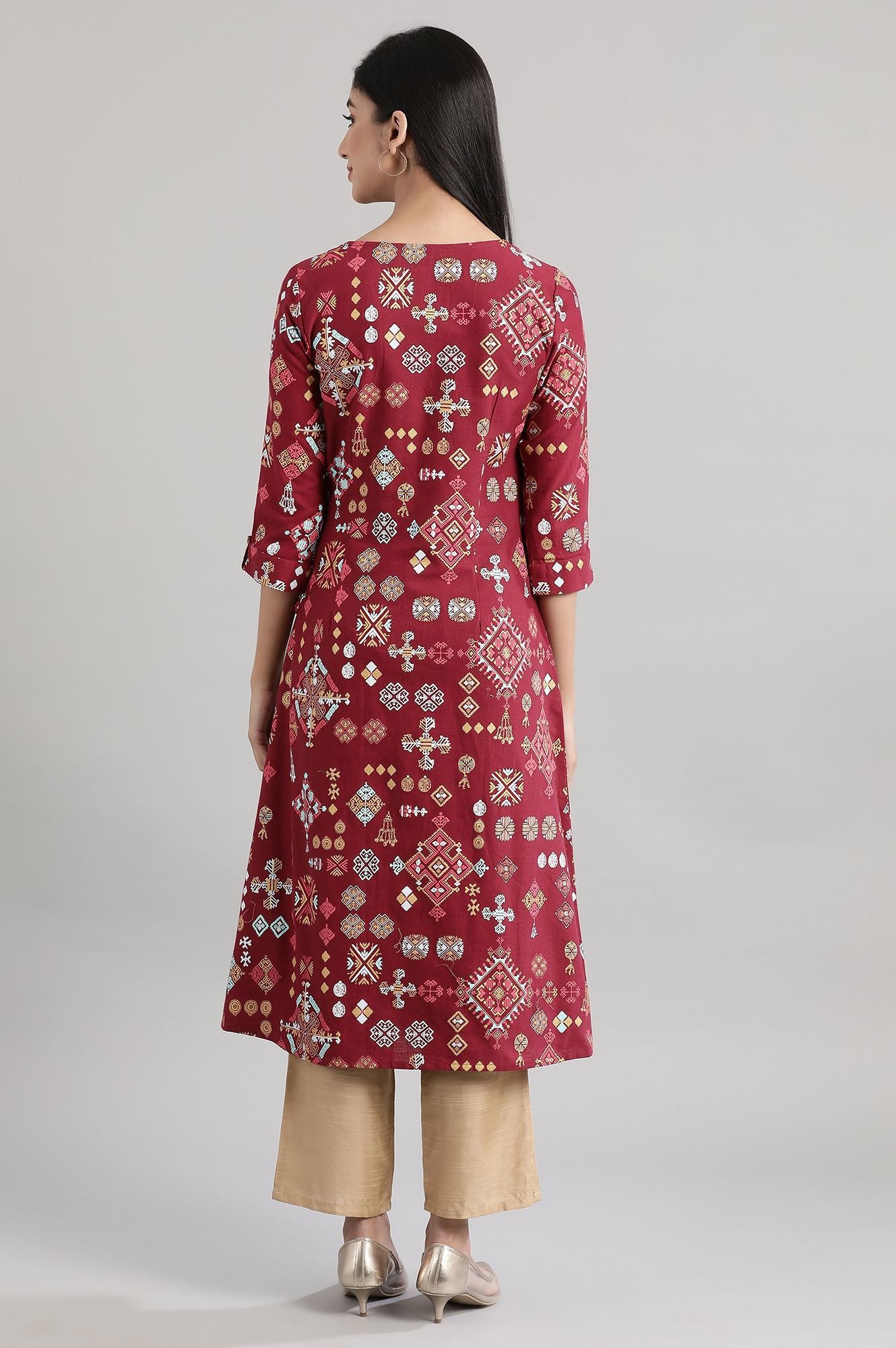 Maroon Round Neck Geometric Print A-line Knee Length Kurta