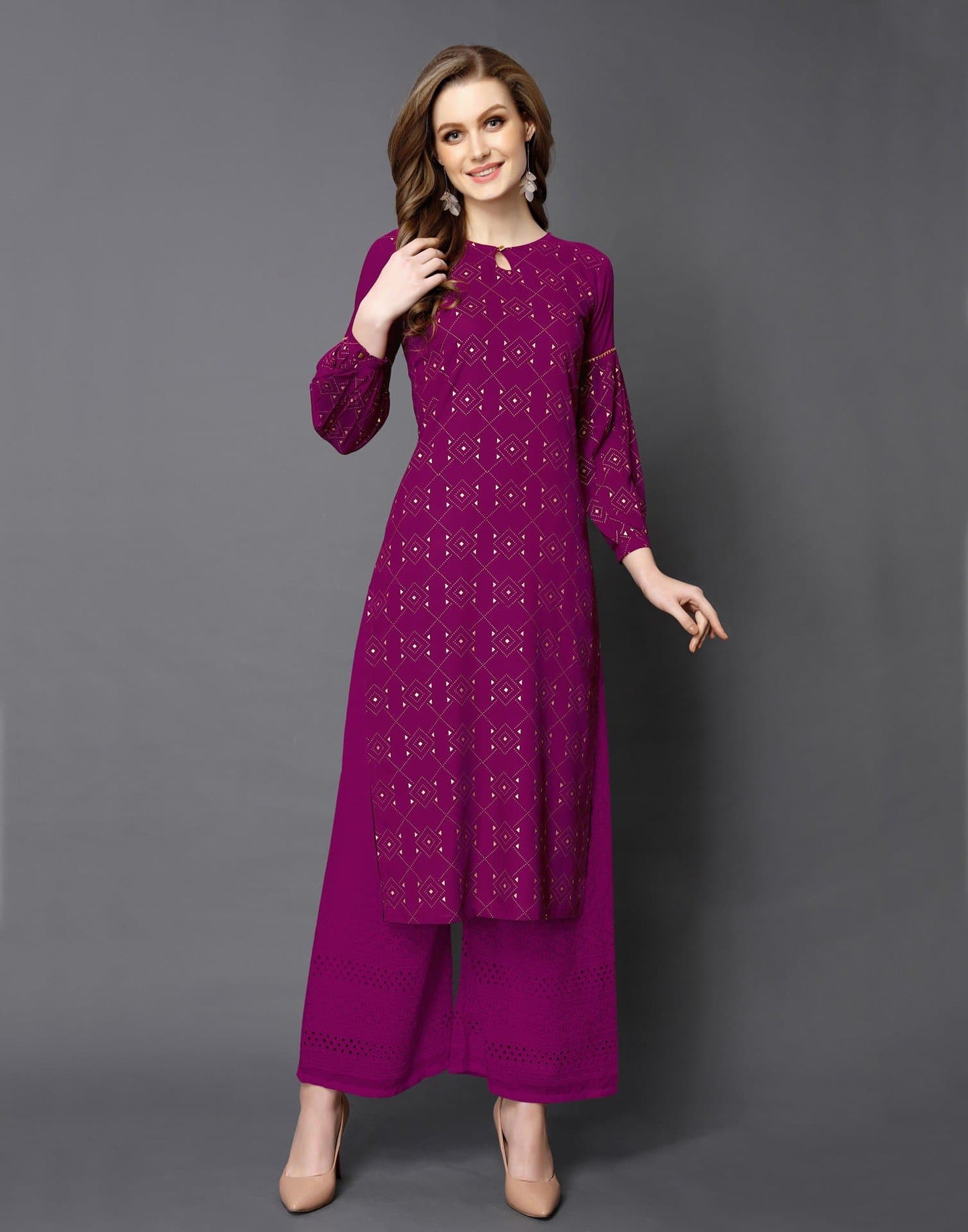 Mandarin Collar Three Fourth Sleeve Calf Length Printed Straight Kurta