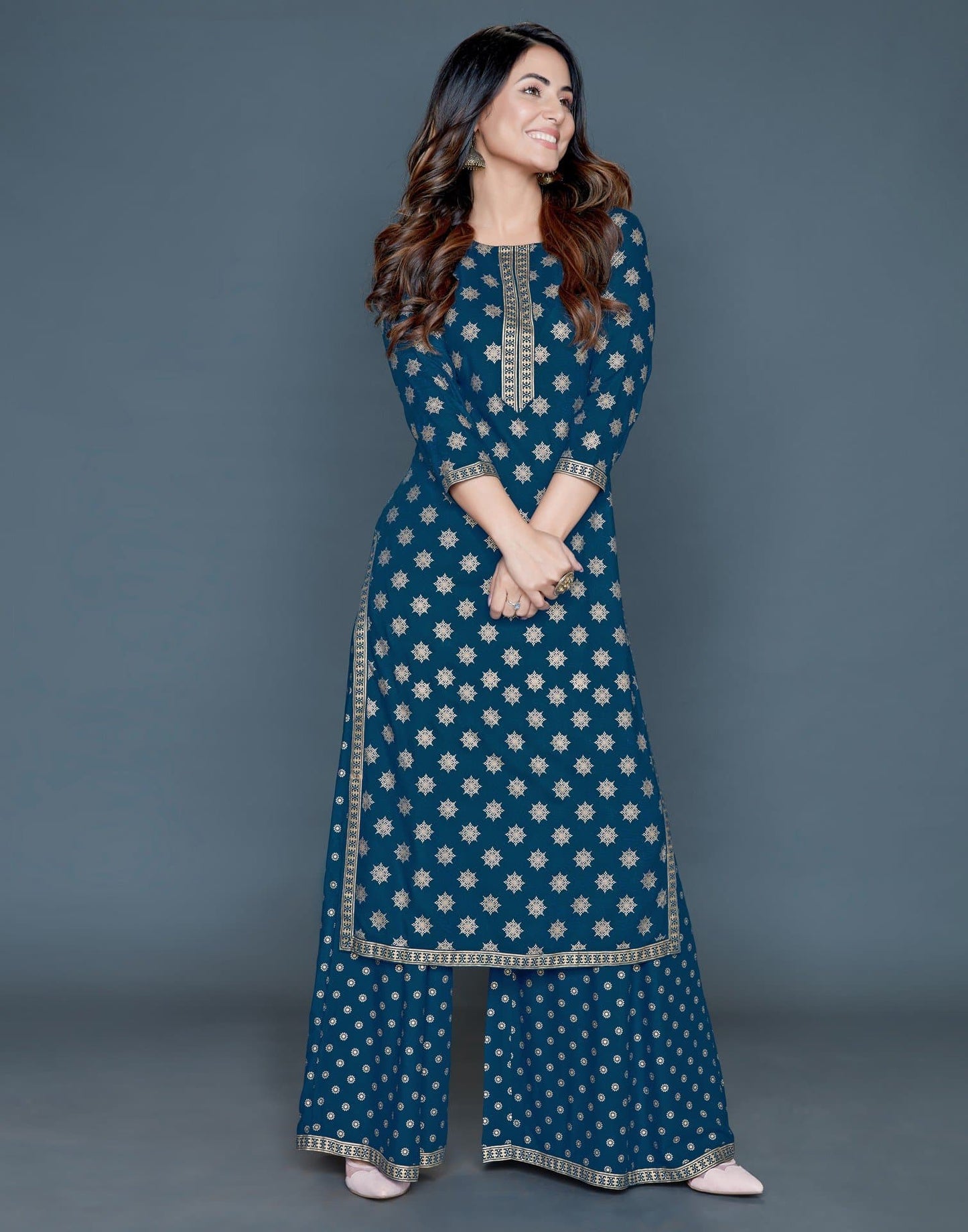 Blue Round Neck Printed Kurta and Palazzo Set