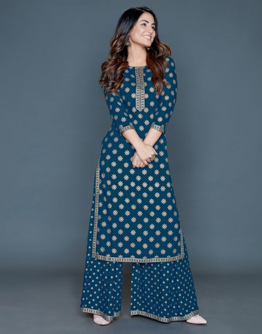 Blue Round Neck Printed Kurta and Palazzo Set
