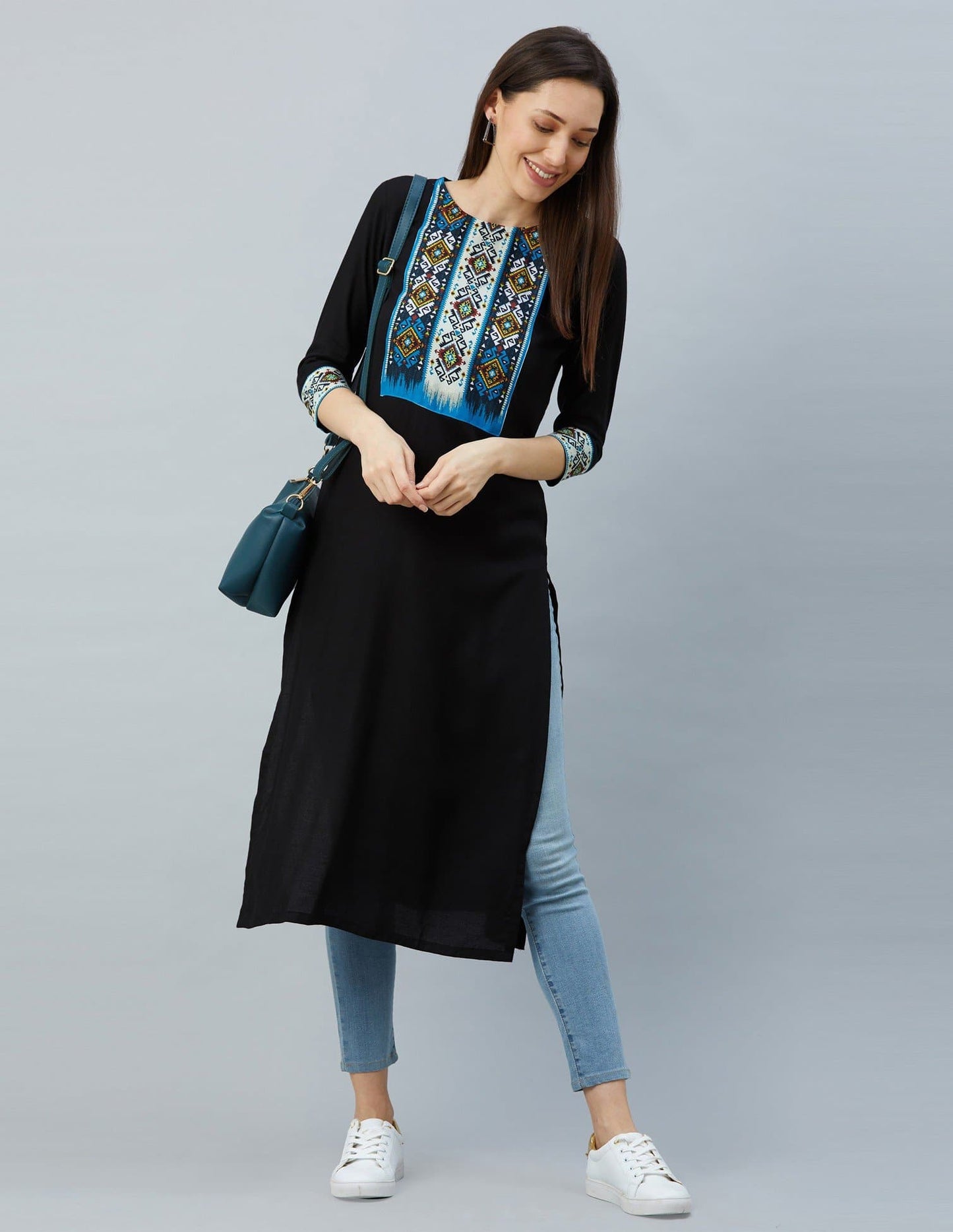 Chevron Zig Zag Geometric Print Keyhole Neckline Three Fourth Sleeve Straight Kurta