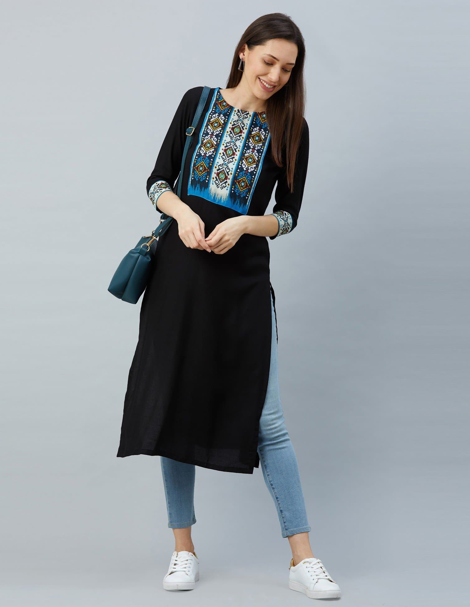 Chevron Zig Zag Geometric Print Keyhole Neckline Three Fourth Sleeve Straight Kurta