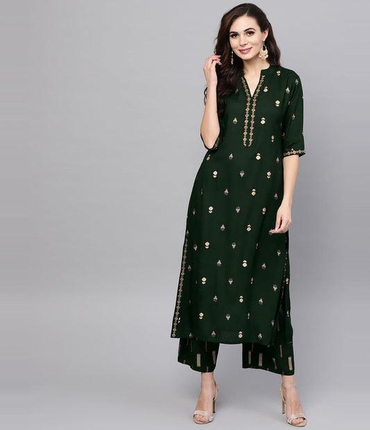 Green V-Neck Three Fourth Sleeve Kurta and Palazzo Set