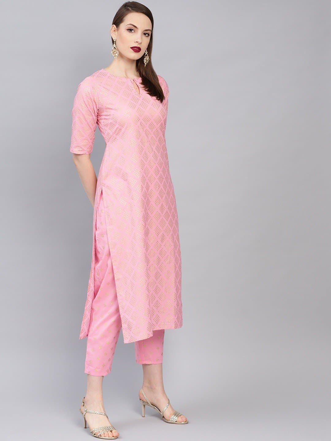 Pink Keyhole Neck Printed Kurta and Trousers Set