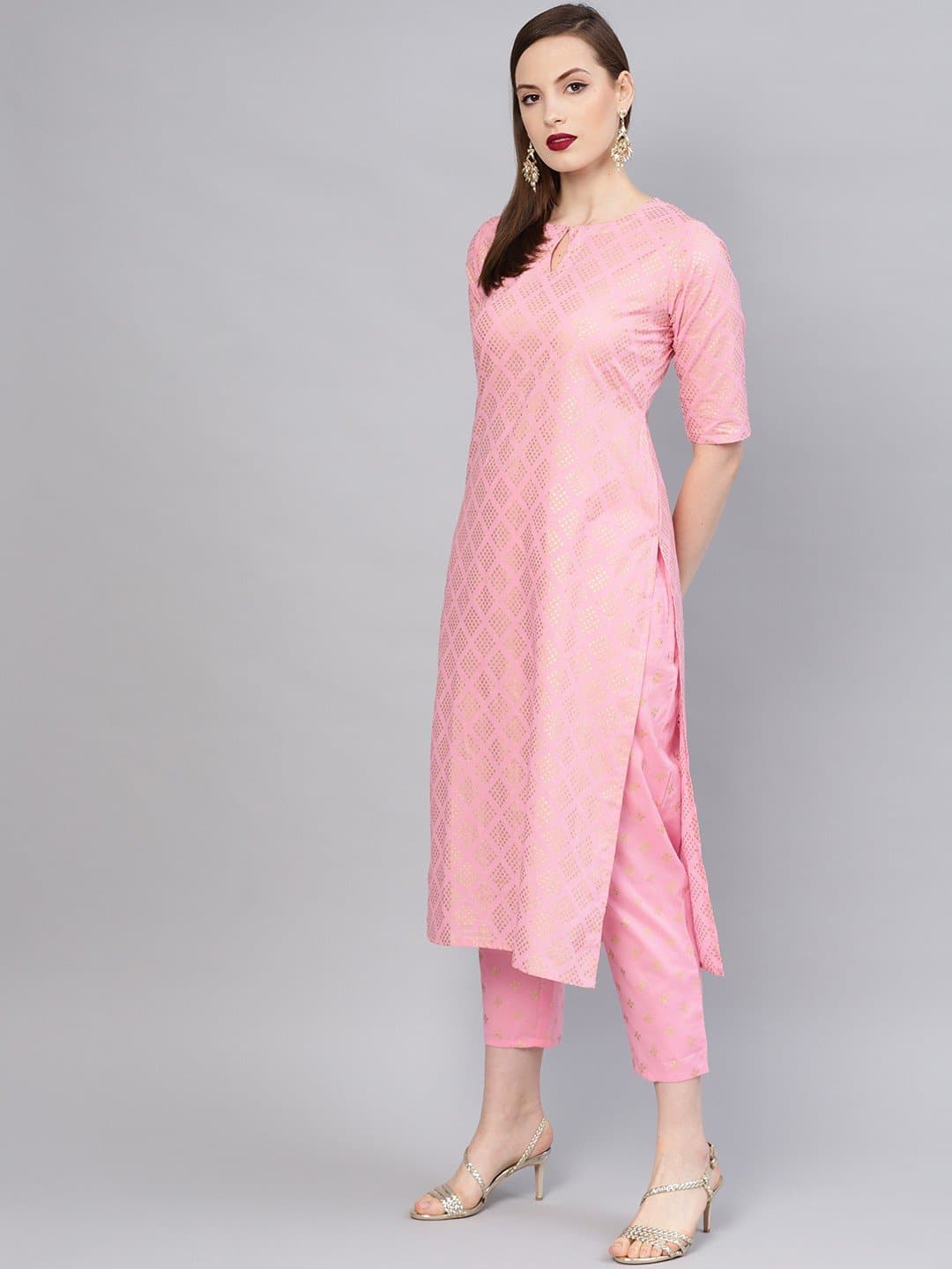 Pink Keyhole Neck Printed Kurta and Trousers Set