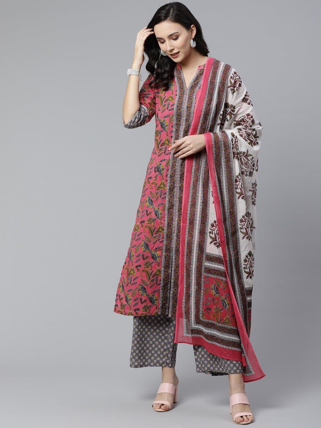 Mandarin Collar Printed Kurta and Palazzo Set