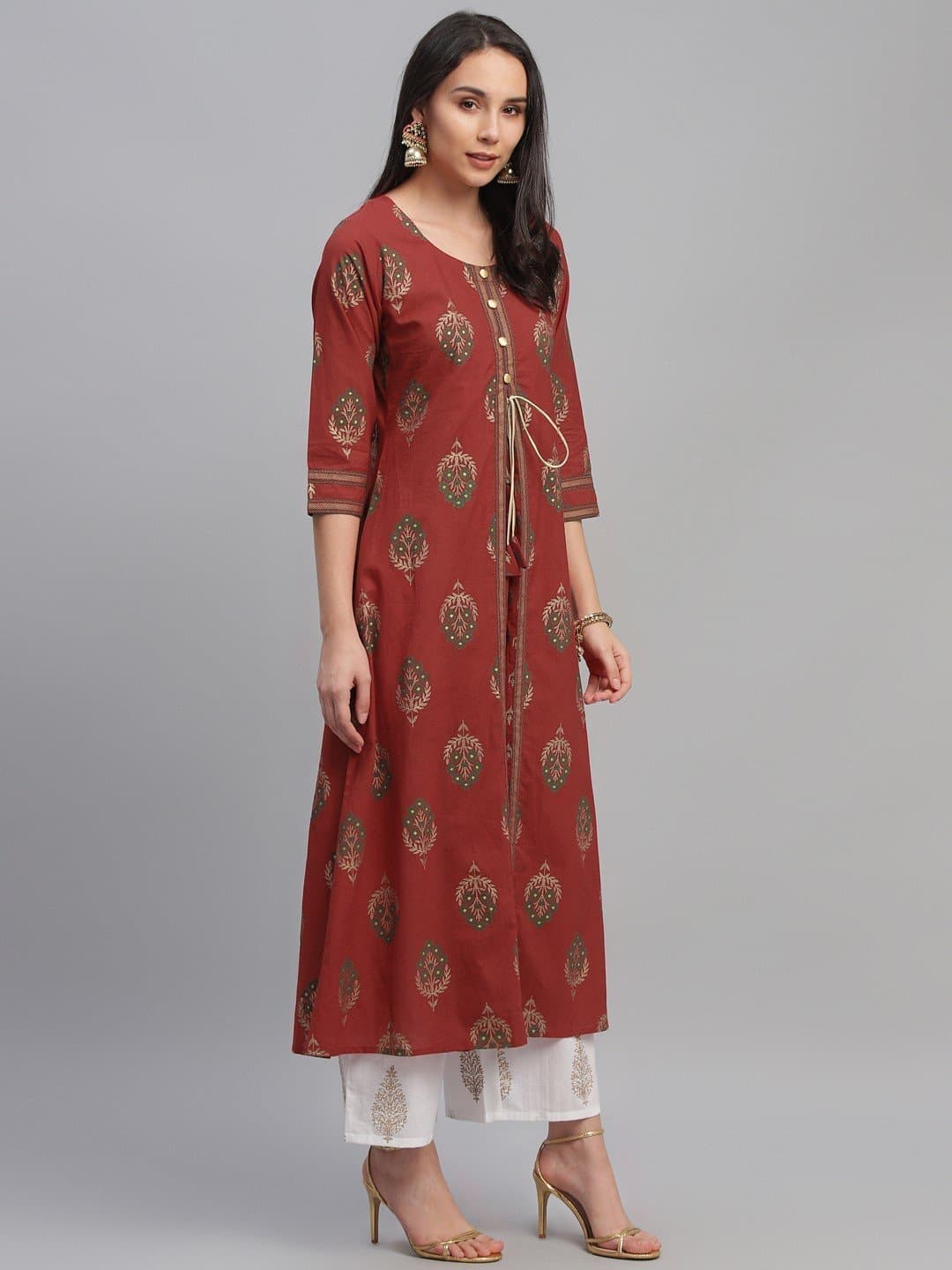 Red Floral Print A-line Cotton Kurta
