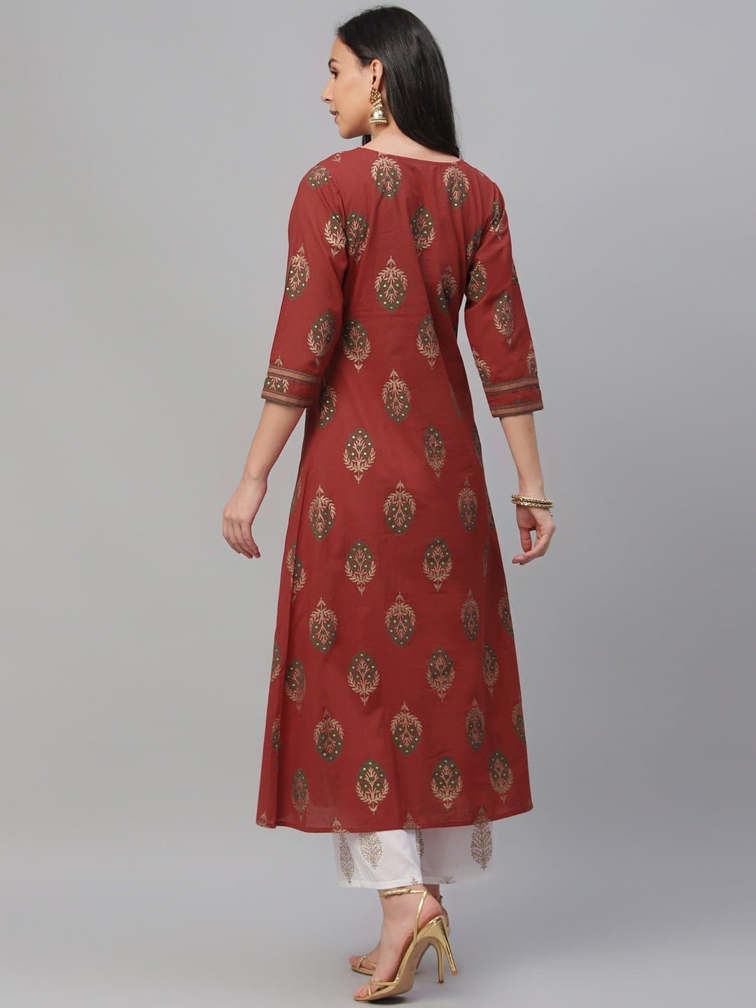 Red Floral Print A-line Cotton Kurta
