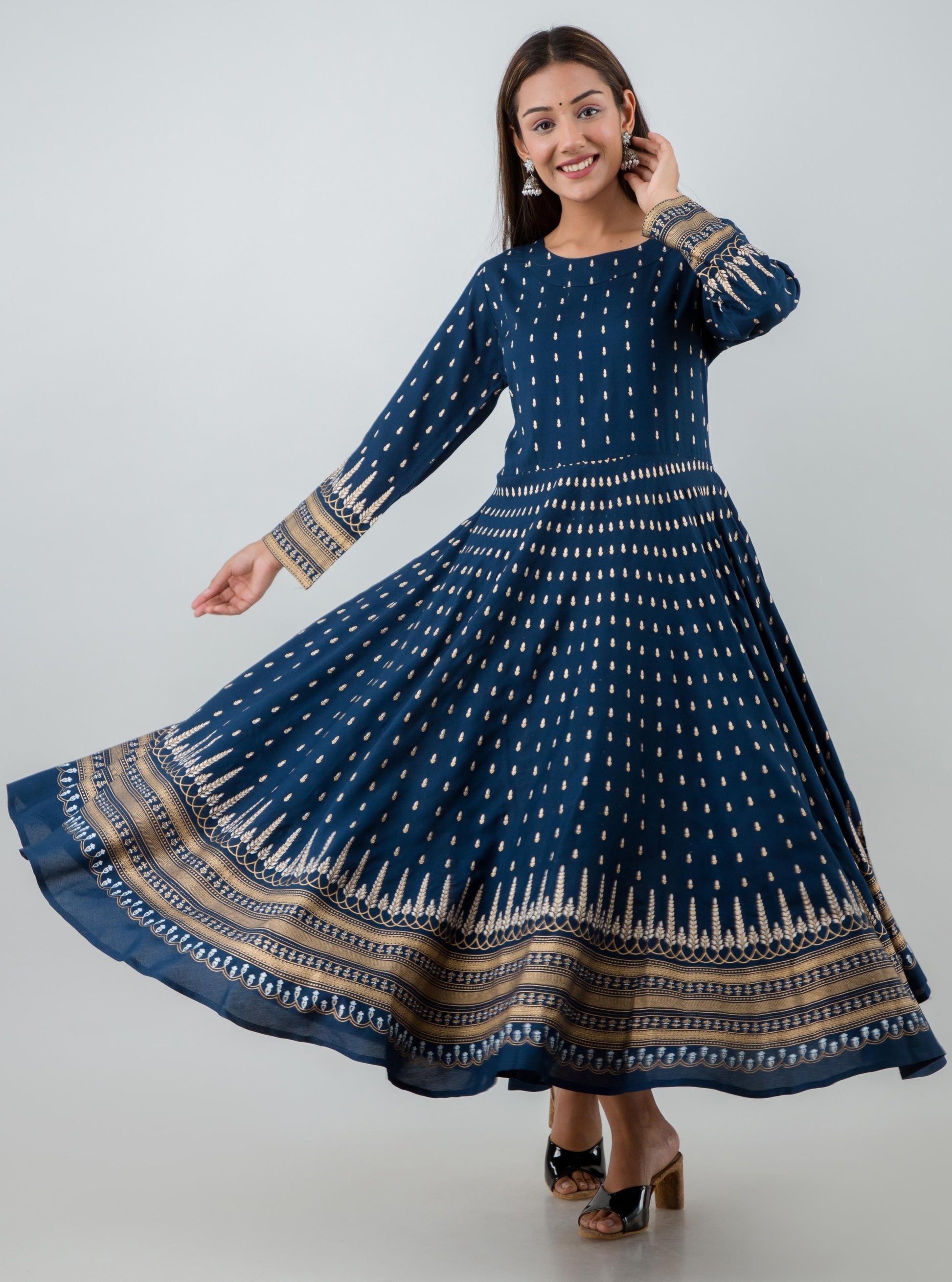 Round Neck Ankle Length Printed Flared Kurta