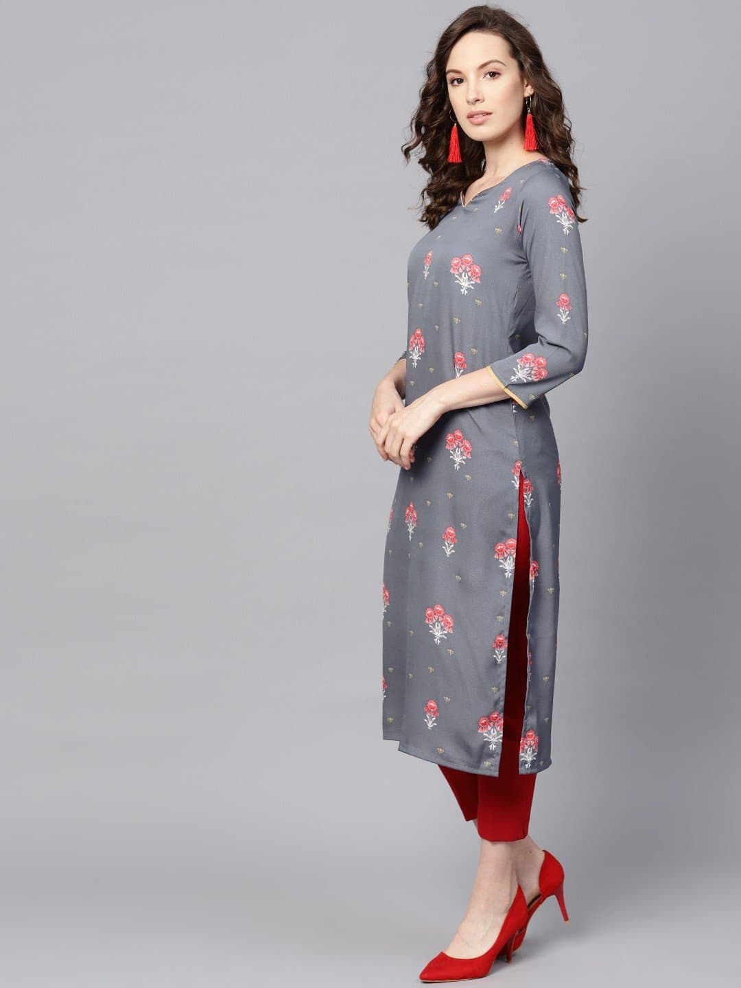 Sweetheart Neck Three Quarter Sleeve Printed Straight Kurta