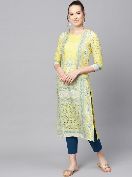 Yellow Round Neck Three Quarter Sleeve Printed Straight Kurta