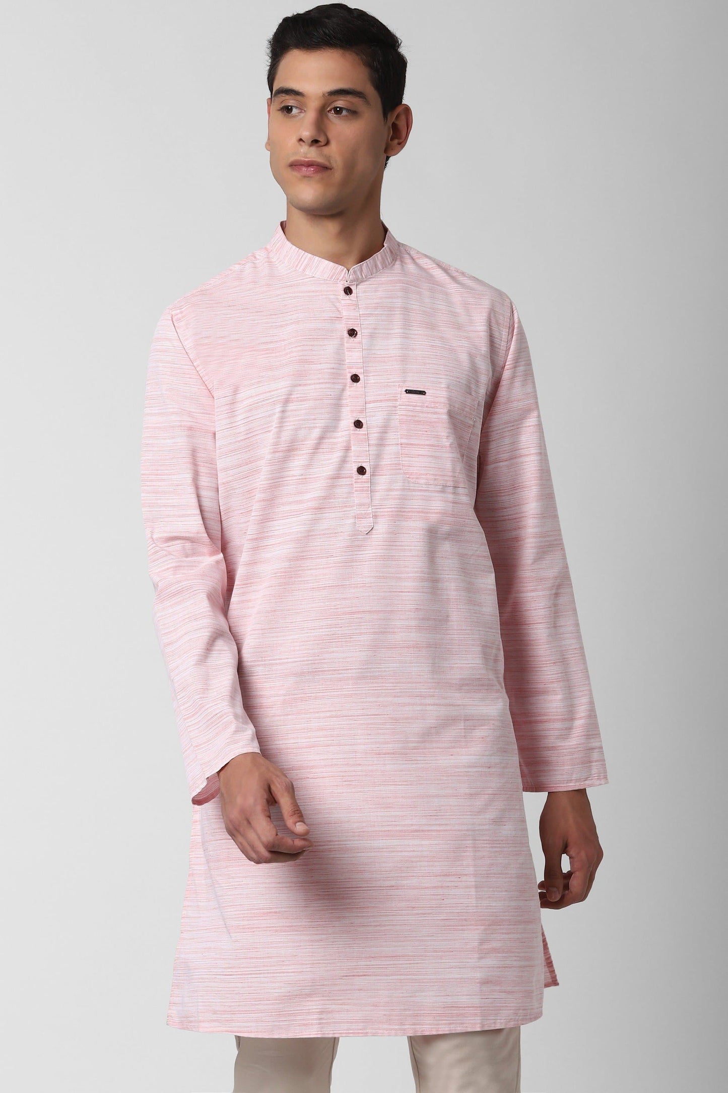 Pink Mandarin Collar Striped Straight Kurta