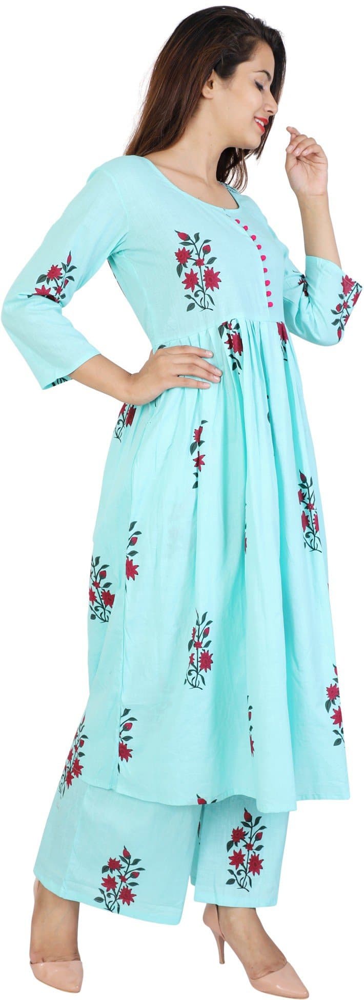 Blue Round Neck Printed Kurta and Palazzo Set