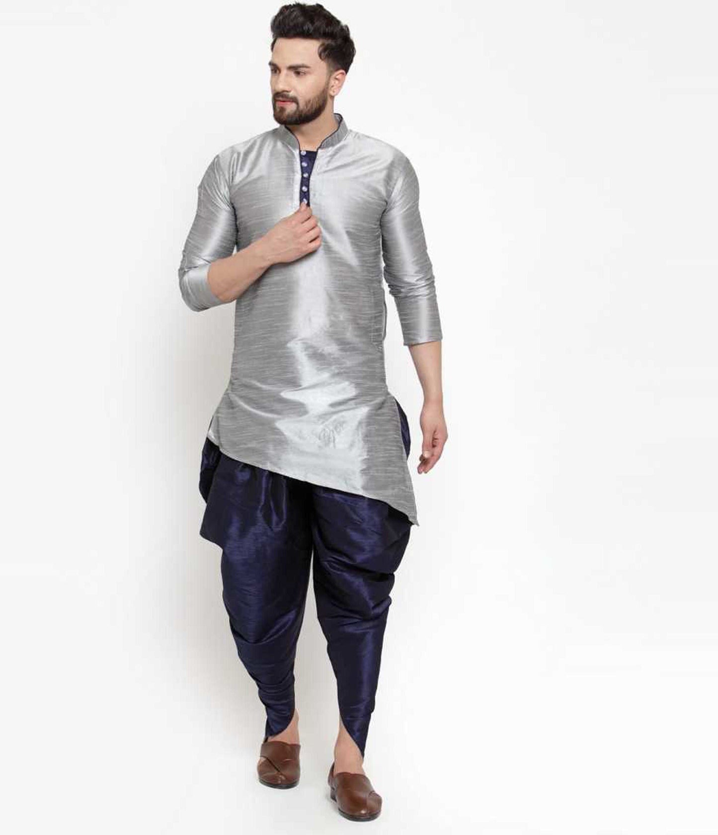 Mandarin Collar Silk Kurta and Dhoti Pant Set