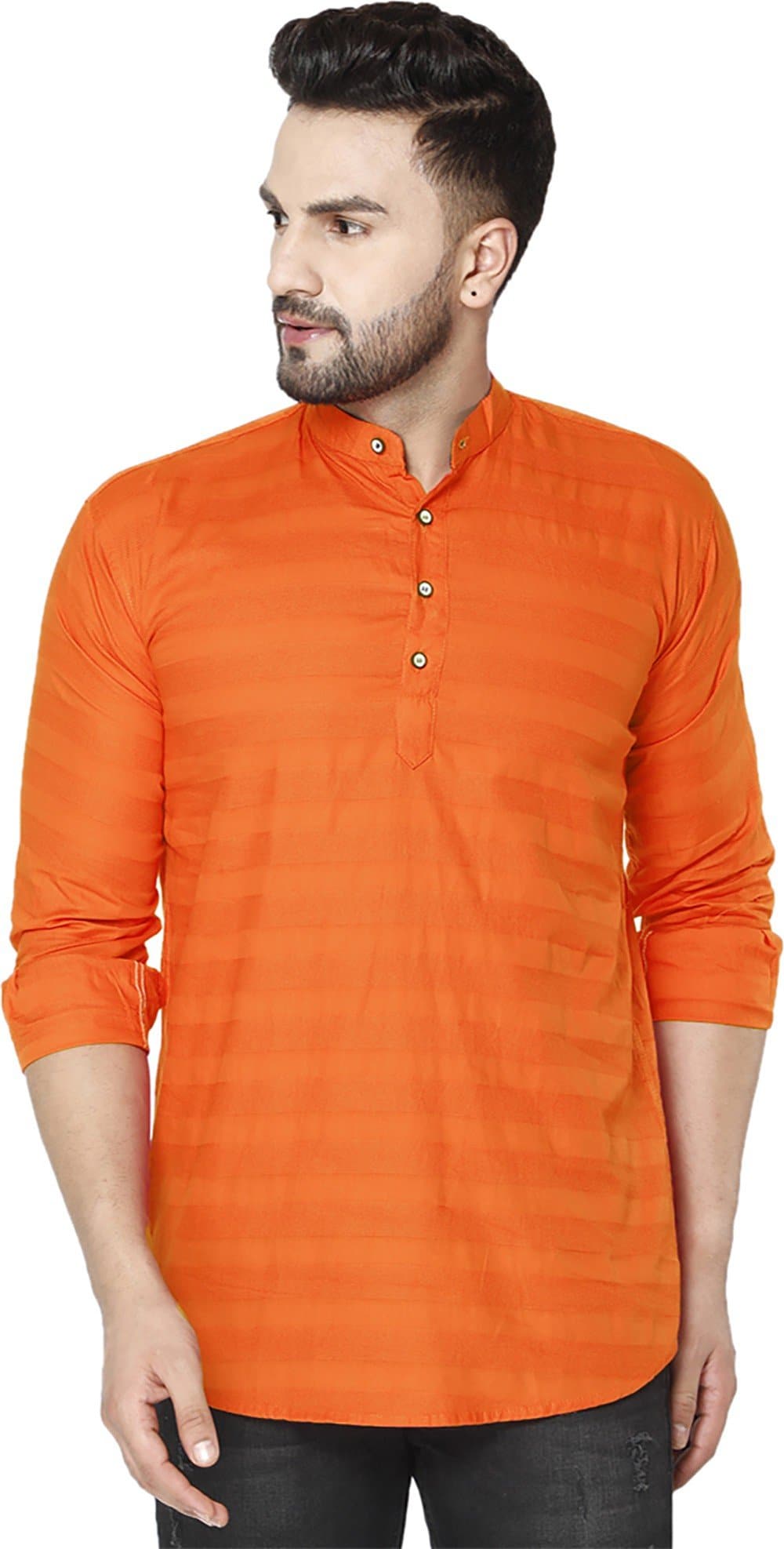 Mandarin Collar Three Quarter Sleeve Striped Straight Kurta