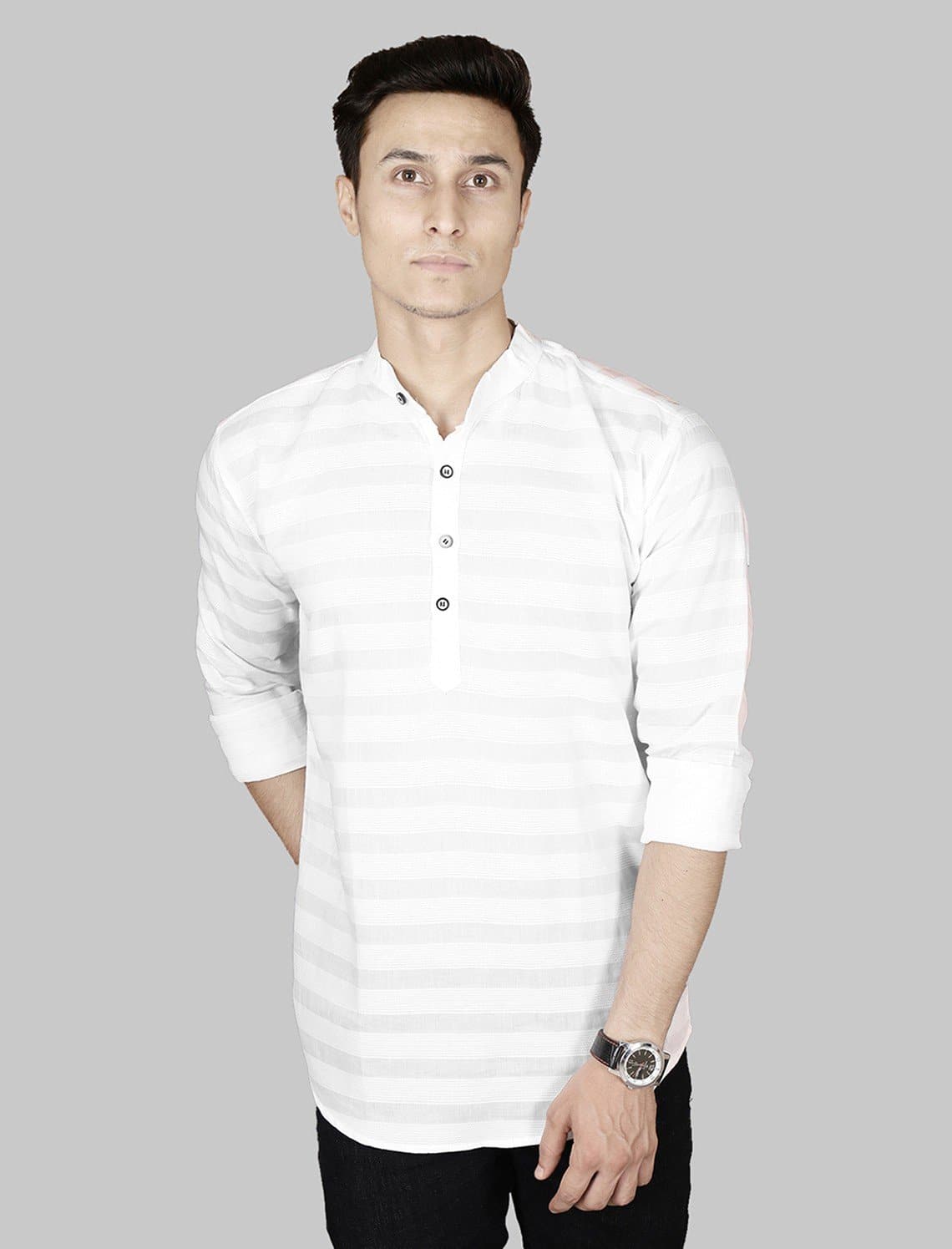 Mandarin Collar Three Quarter Sleeve Striped Straight Kurta