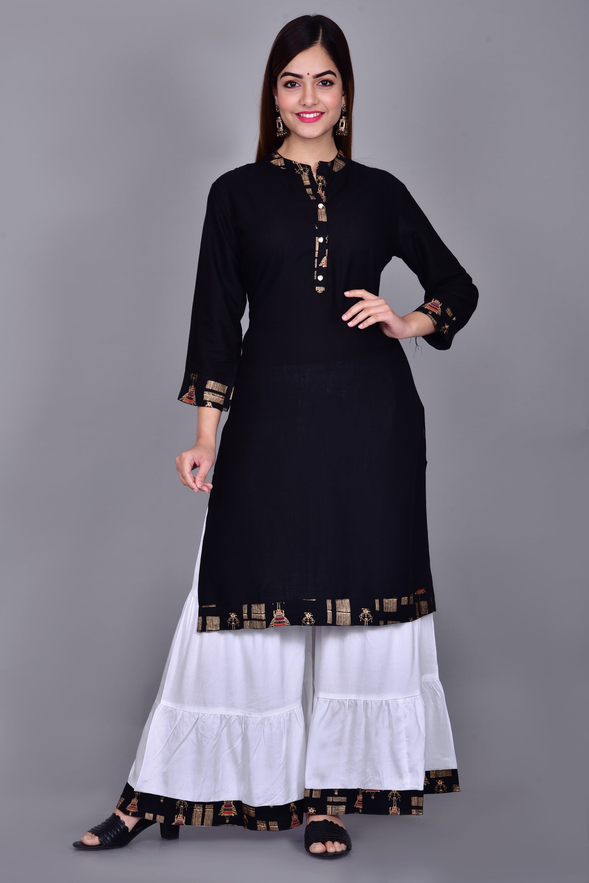 Black White Collared Neck Kurta and Palazzo Set