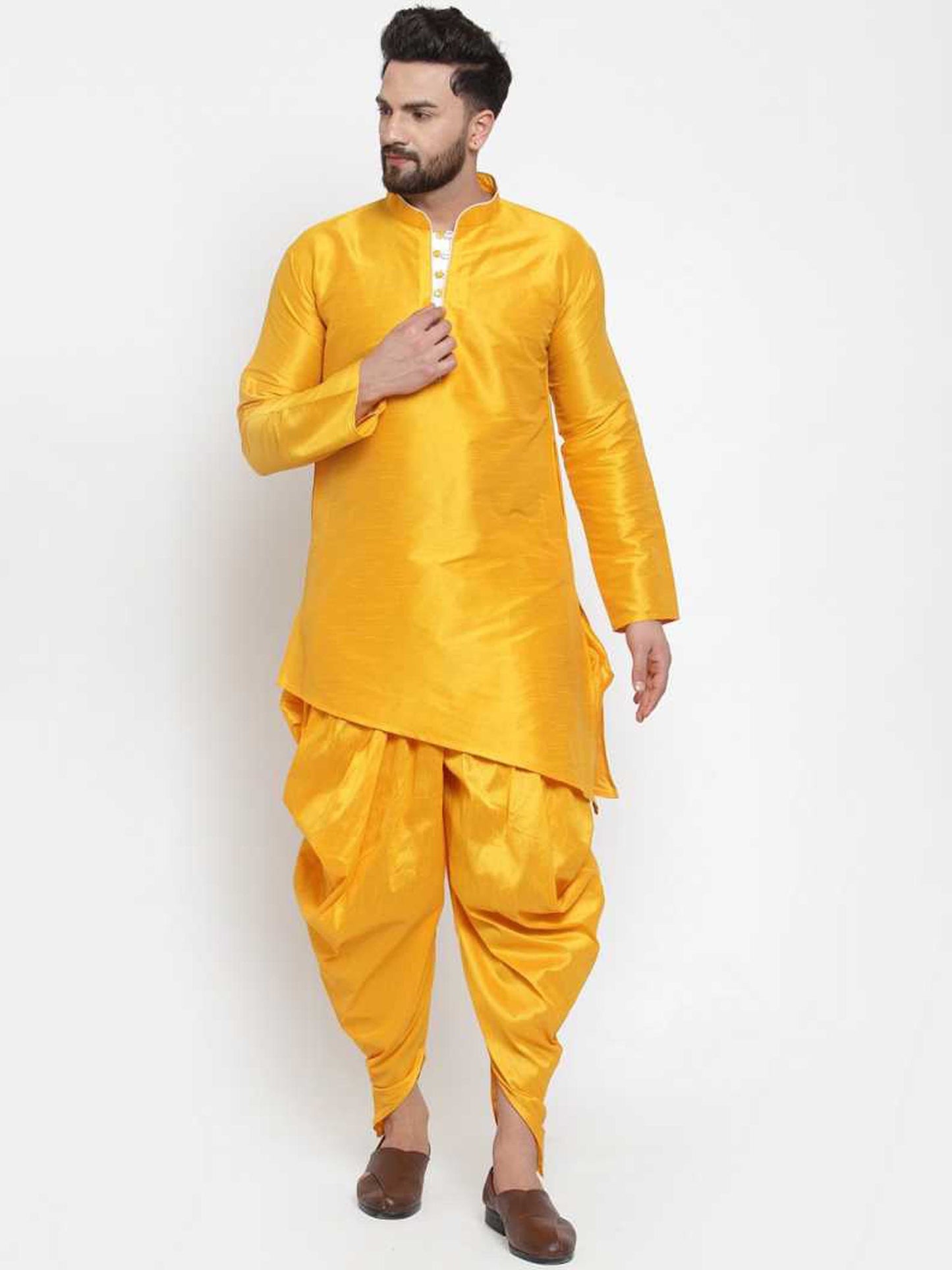 Mandarin Collar Silk Kurta and Dhoti Pant Set