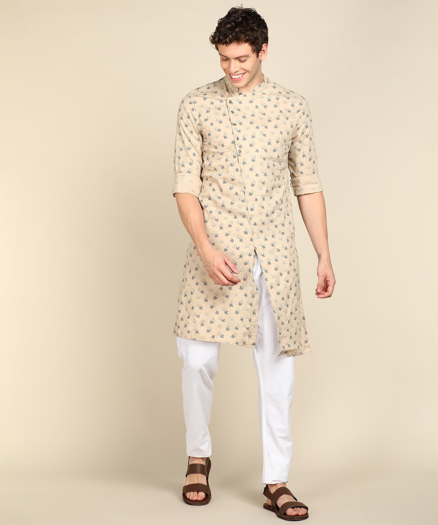 Brown Printed Mandarin Collar Asymmetric Kurta
