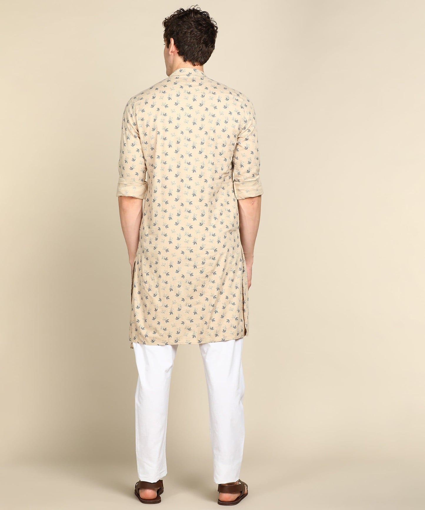 Brown Printed Mandarin Collar Asymmetric Kurta