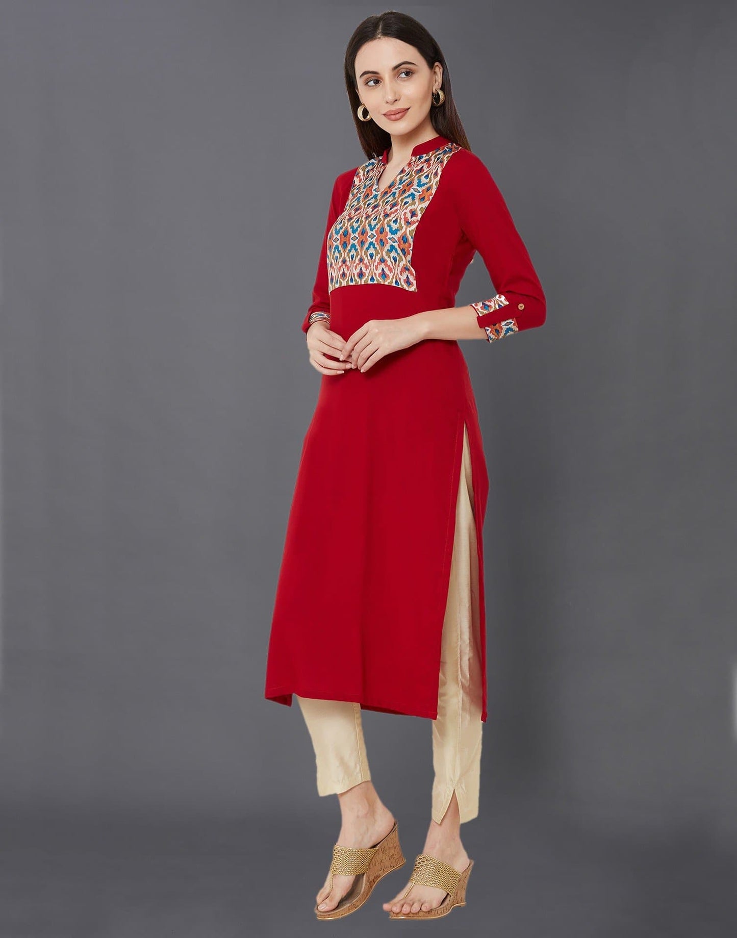 Chevron Zig Zag Geometric Print Keyhole Neckline Three Fourth Sleeve Straight Kurta