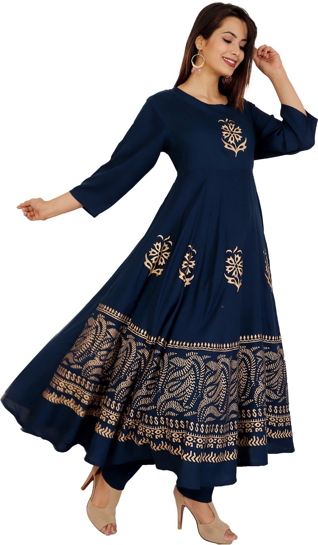 Round Neck Ankle Length Printed Flared Kurta