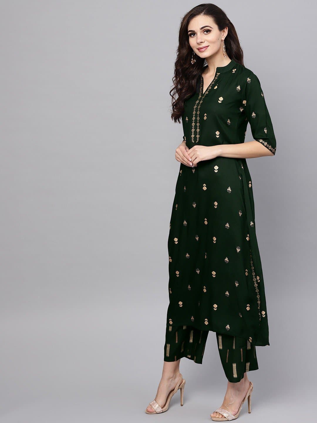 Green V-Neck Three Fourth Sleeve Kurta and Palazzo Set