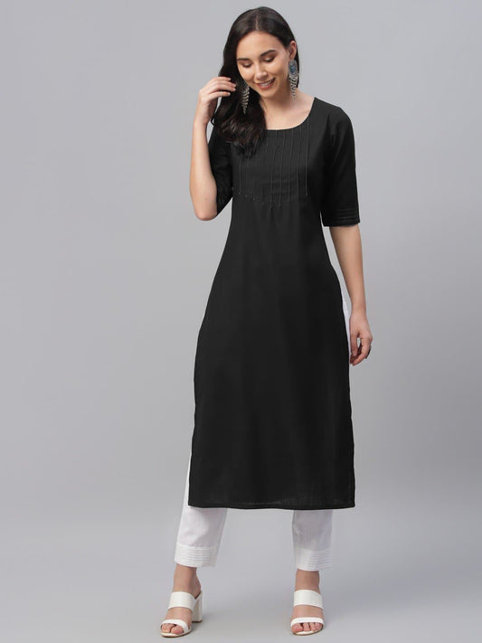Black Round Neck Three Quarter Sleeve Solid Straight Kurta