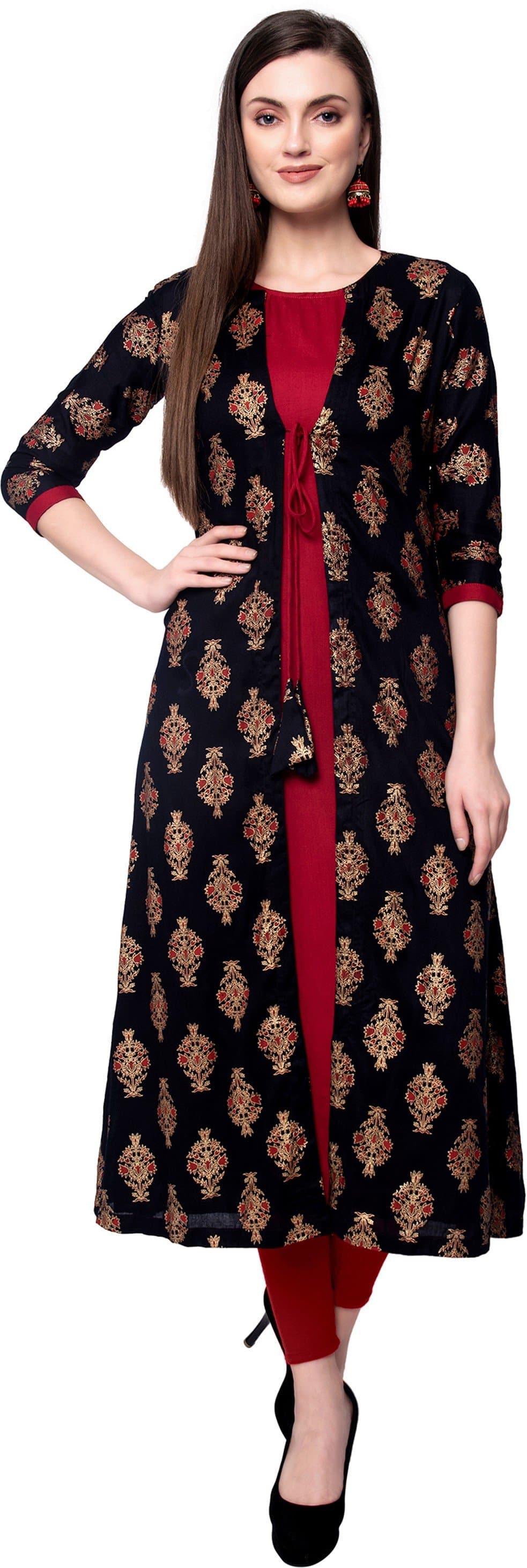 Black Maroon Round Neck Three Quarter Sleeve Printed A-line Kurta