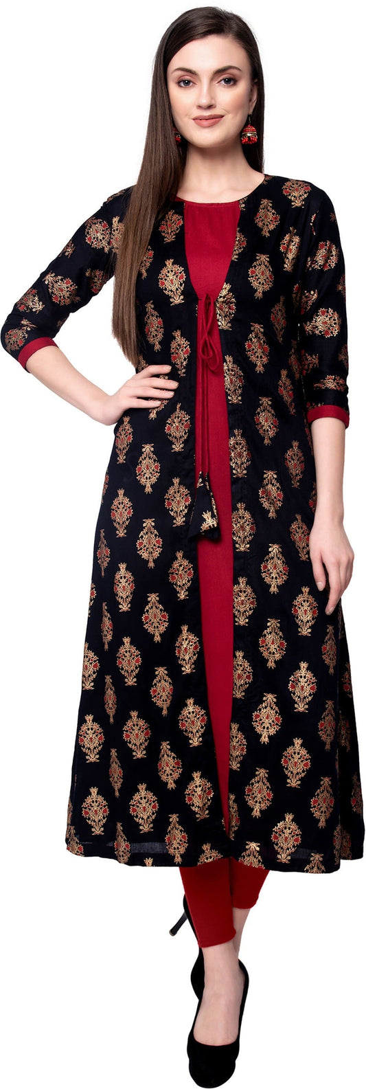 Black Maroon Round Neck Three Quarter Sleeve Printed A-line Kurta