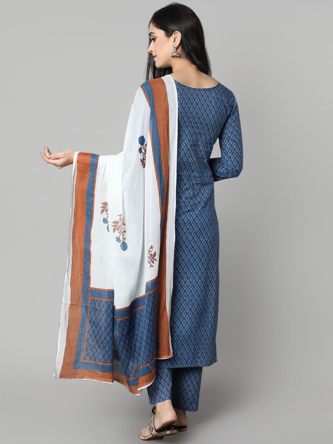 Blue V-Neck Printed Kurta and Pant Set
