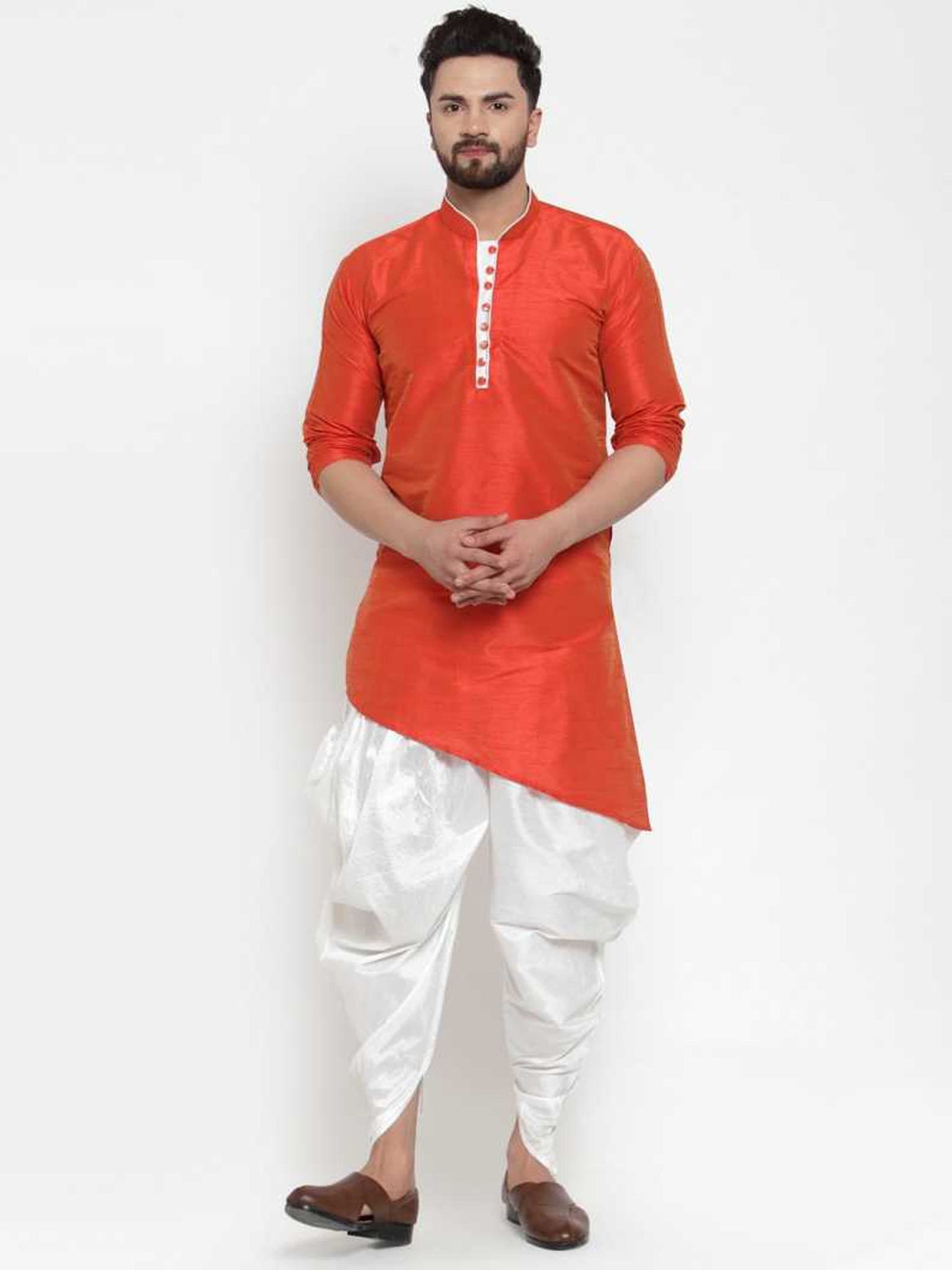 Mandarin Collar Silk Kurta and Dhoti Pant Set