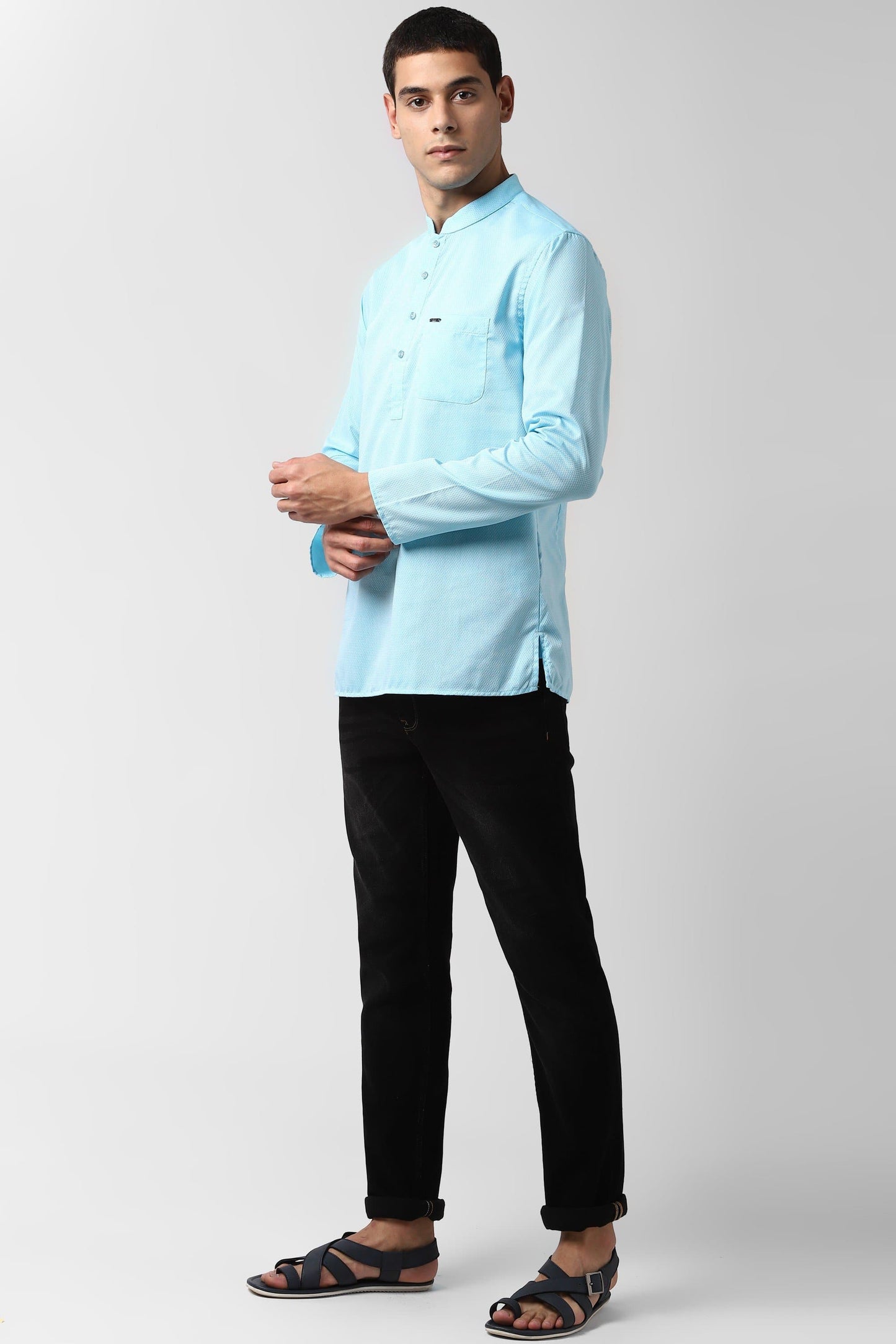 Blue Mandarin Collar Textured Straight Kurta