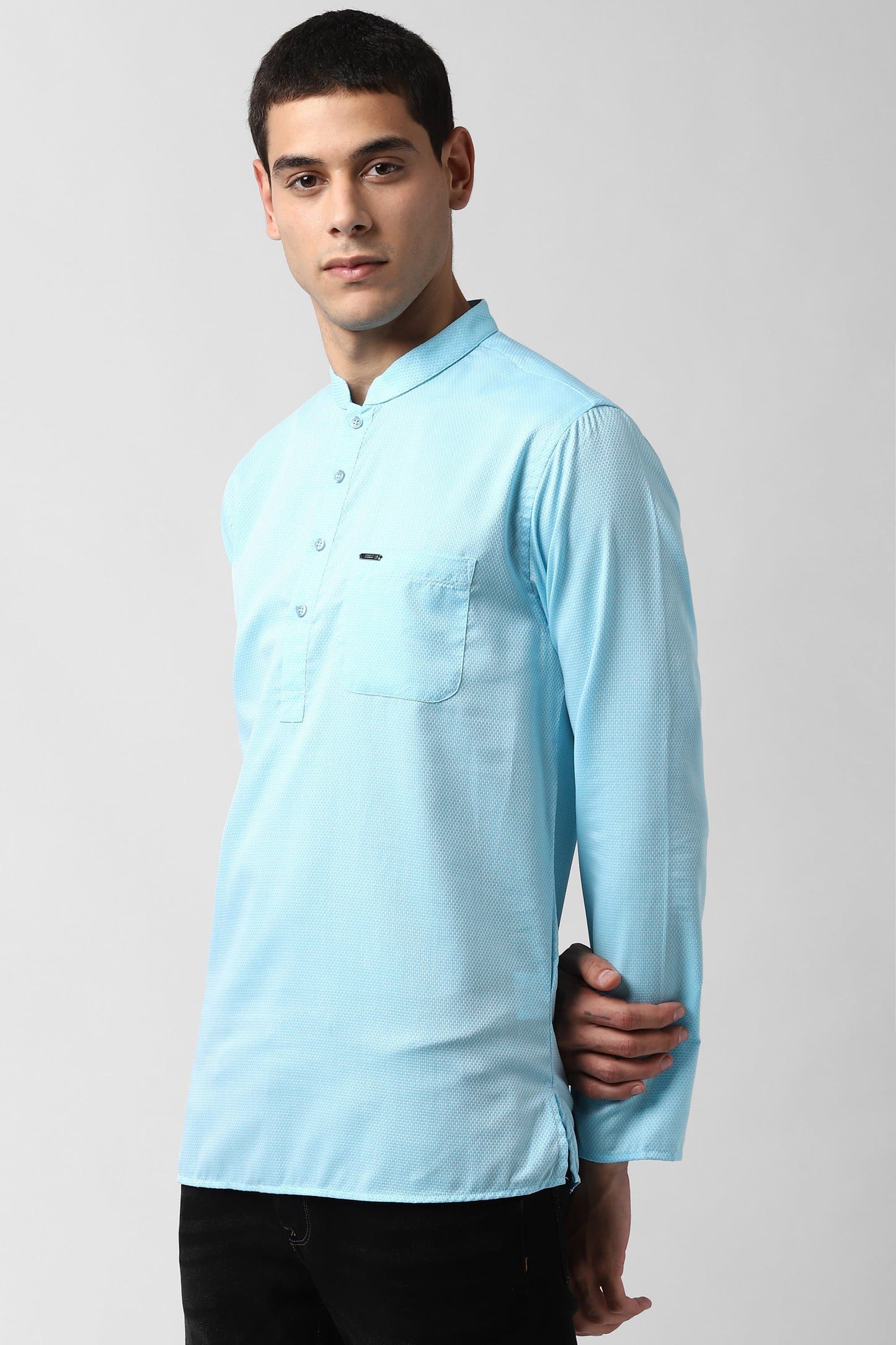 Blue Mandarin Collar Textured Straight Kurta