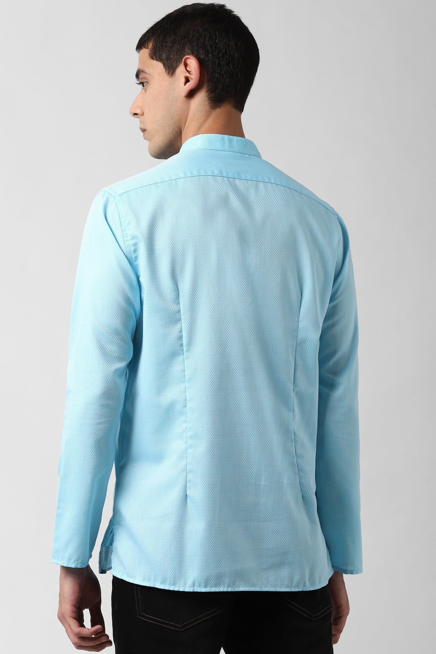 Blue Mandarin Collar Textured Straight Kurta