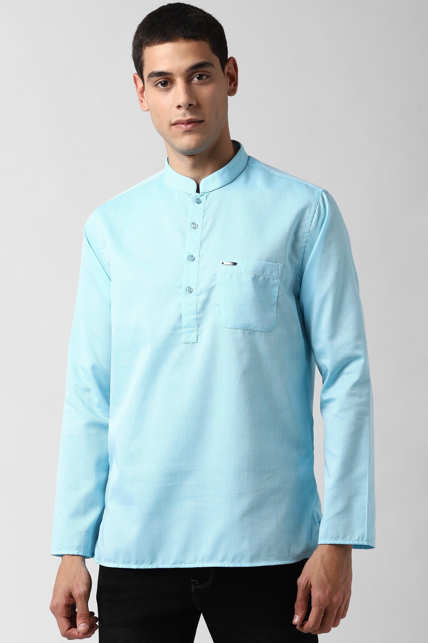 Blue Mandarin Collar Textured Straight Kurta